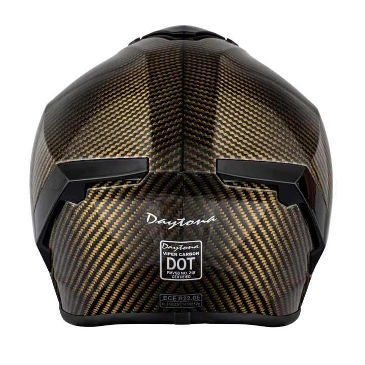 full face gold motorcycle helmet Torc T-1 Retro (Gloss Metallic AT4.0 TRACK Titan Gold takes the exposed carbon look of Core Carbon and turns the volume up with a sharp gold decal Daytona Viper Carbon Gold Full